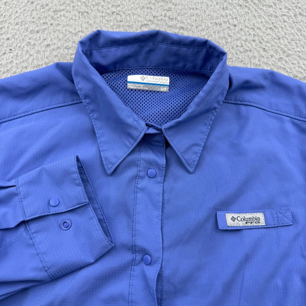 Columbia PFG Fishing Shirt Women Small Blue Long Sleeve Hiking Biking Outdoor